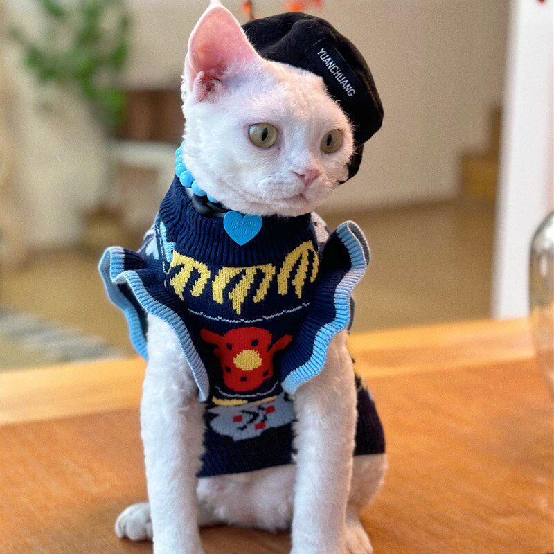 YH  艺术气息复古花花  背心毛衣德文猫无毛猫衣服冬天保暖加厚