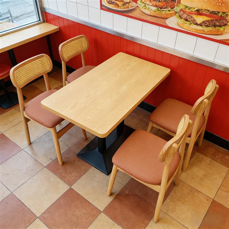 实木餐饮桌椅组合藤编靠背餐椅餐厅奶茶店咖啡厅面馆麻辣烫粉店椅