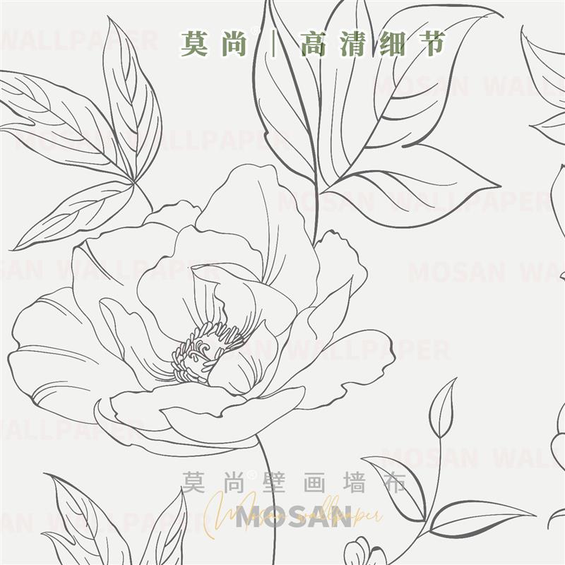 涂鸦花朵素描墙布法式复古风壁纸黑白背景墙纸高级感卧室客厅壁布