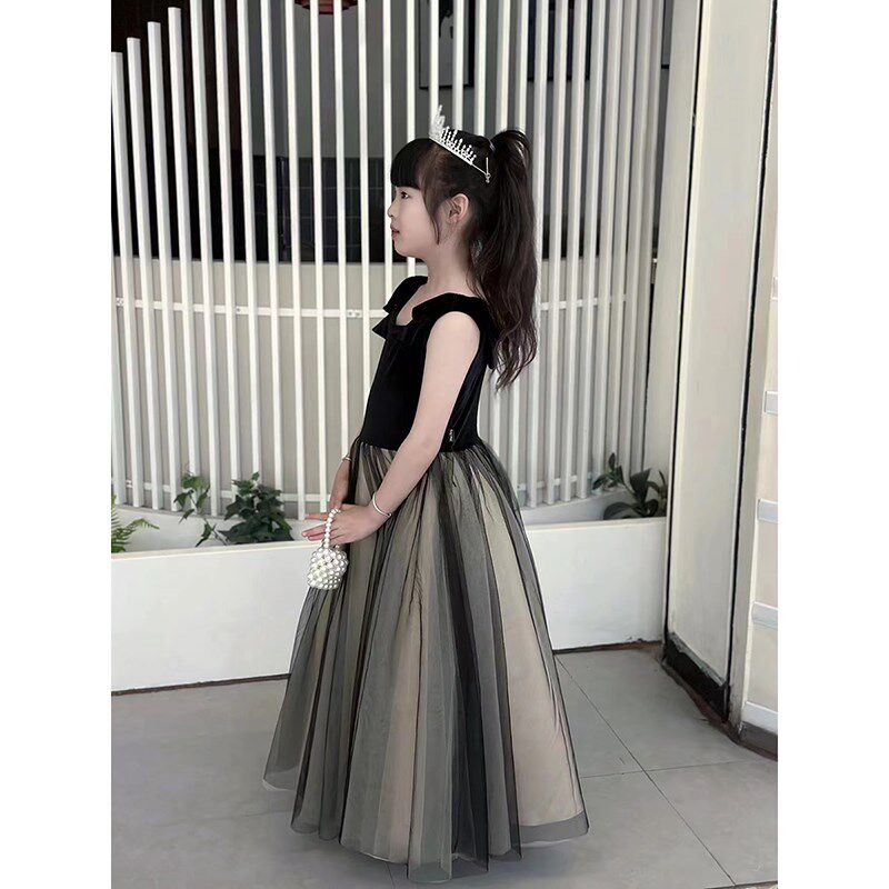 儿童钢琴演出服女童黑色礼服公主裙高端小提琴演奏比赛表演服装