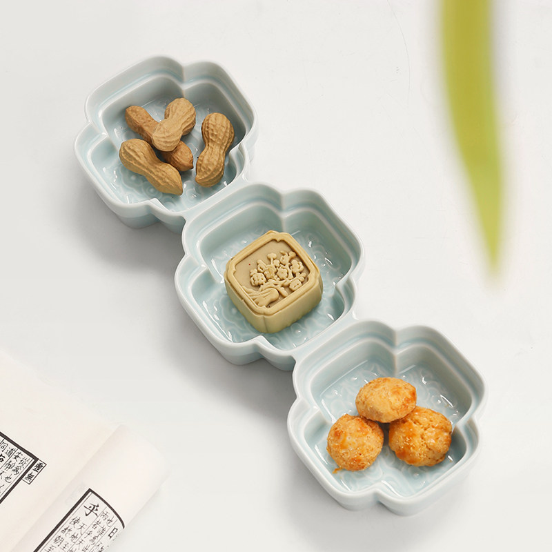 创意三格小吃拼盘中式陶瓷茶点盘家用果碟茶室零食碗托盘糕点碟子