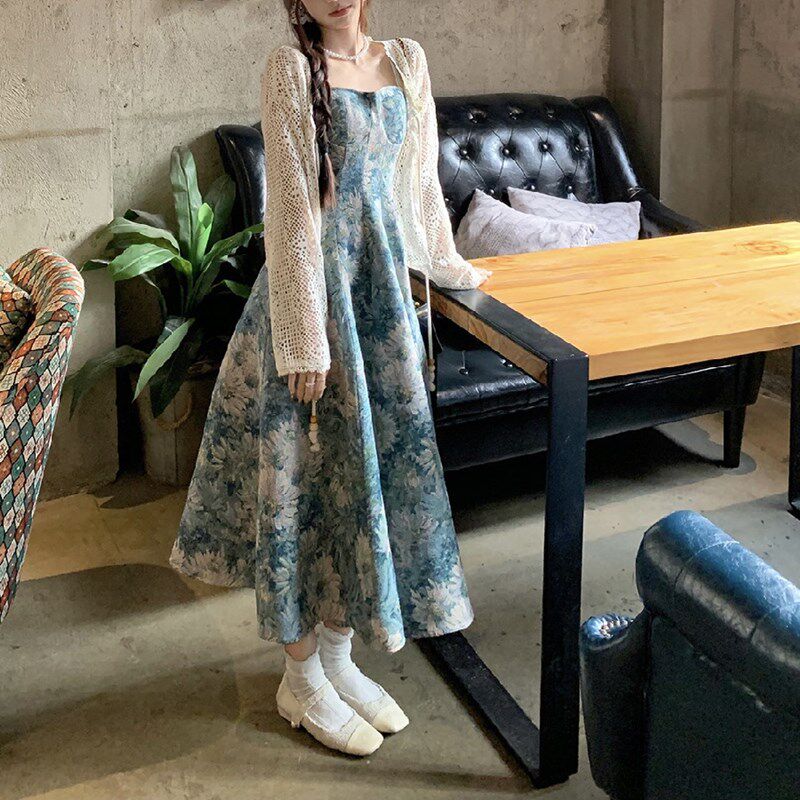 大码胖mm复古蓝色油画碎花吊带连衣裙开衫女春夏季气质a字长裙子