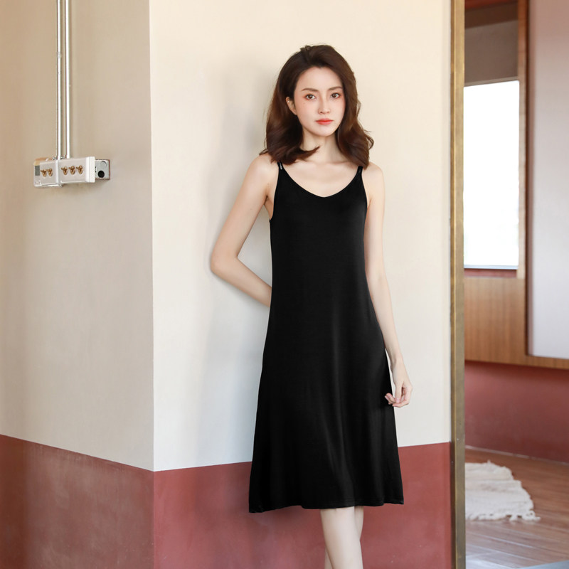 竹纤维长款吊带睡裙带胸垫女夏可外穿莫代尔打底睡衣薄款连衣裙