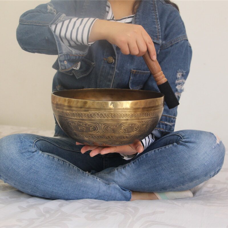 颂钵音疗 纯手工西藏佛音碗转经铜钵磬SPA理疗钵盂瑜伽钵摆件26cm