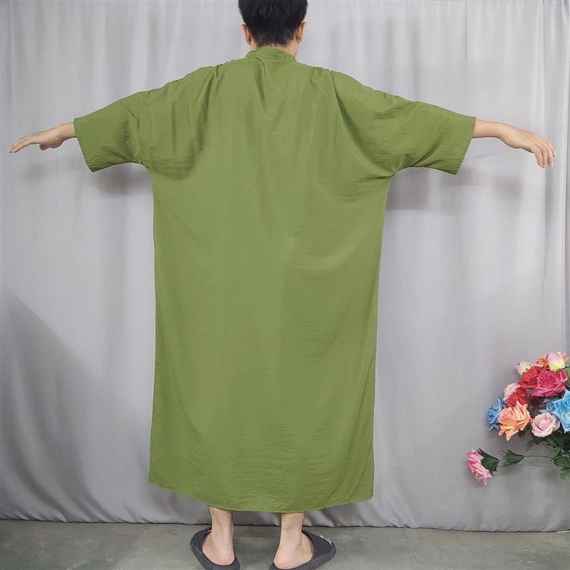 新款家居服男士九分袖纯色棉绸大码V领浴袍长款口袋连体睡衣裙子