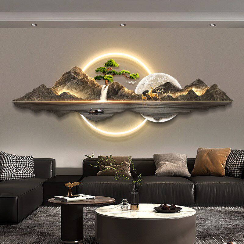 轻奢高级感客厅装饰画3D立体发光灯画新中式山水挂画沙背景墙壁画