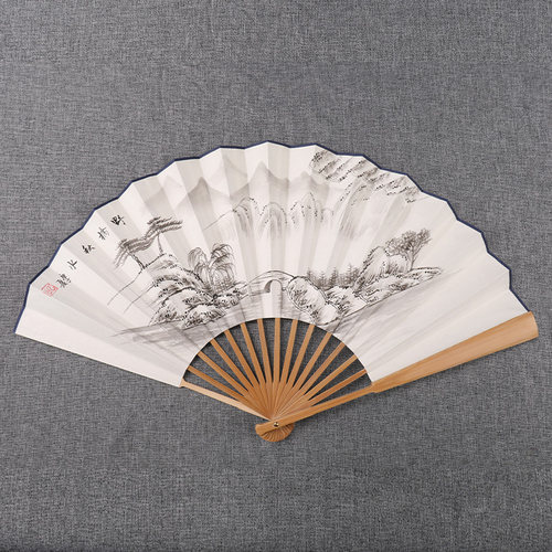 男士折扇中国风10寸手绘宣纸礼品扇日用玉竹古风国画山水花鸟扇子