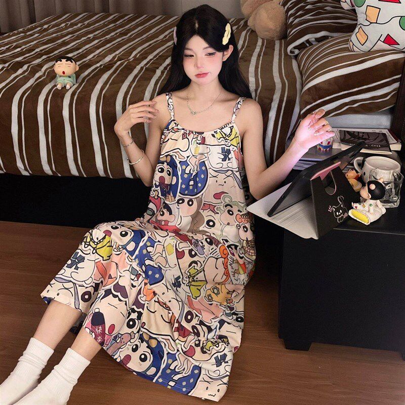 蜡笔小新带胸垫吊带睡裙情侣睡衣女夏季冰丝凉感短袖男家居服套装