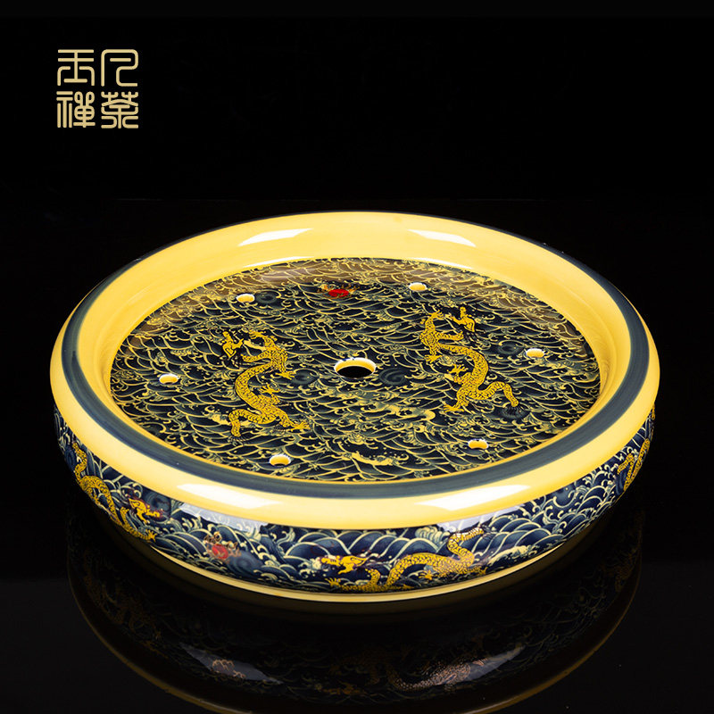 茶盘陶瓷家用大号景德镇圆形瓷器双层茶具配件蓝金龙茶托盘单盘