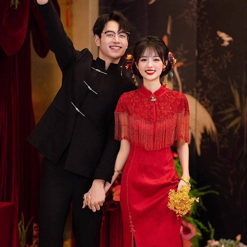 高级感红色新娘披肩新款小众结婚蕾丝流苏云肩新中式旗袍外搭重工
