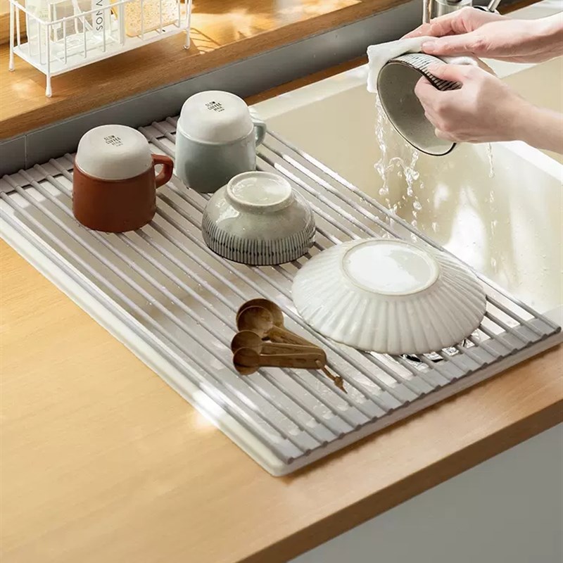 懒地可折叠硅胶沥水架沥碗盆滤水垫水槽卷帘设计不占空间置物架