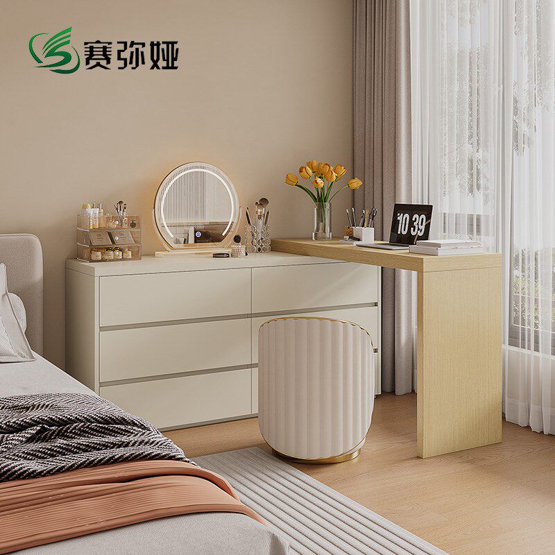 赛弥娅极简实木梳妆台斗柜一体卧室床尾奶油风电视柜化妆桌储物柜