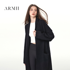 ARMII黑色长袖针织衫宽松羊毛外套女中长版系带毛衣大衣开衫秋冬