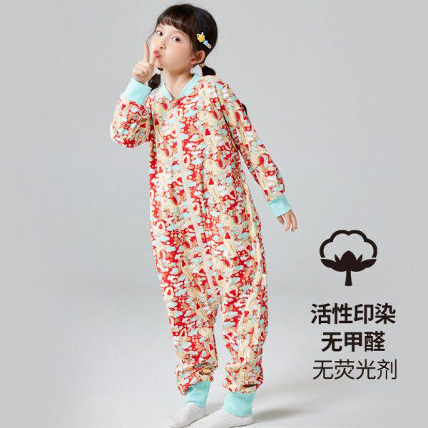 灵灵多女童春季连体睡衣纯棉儿童连身睡袋中大童宝宝防着凉睡衣