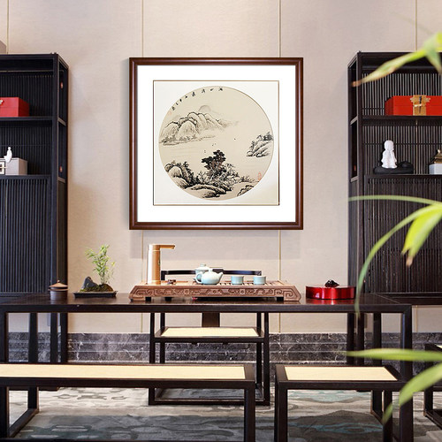 手绘斗方山水画水墨国画办公室挂画客厅沙发正方形壁画玄关装饰画