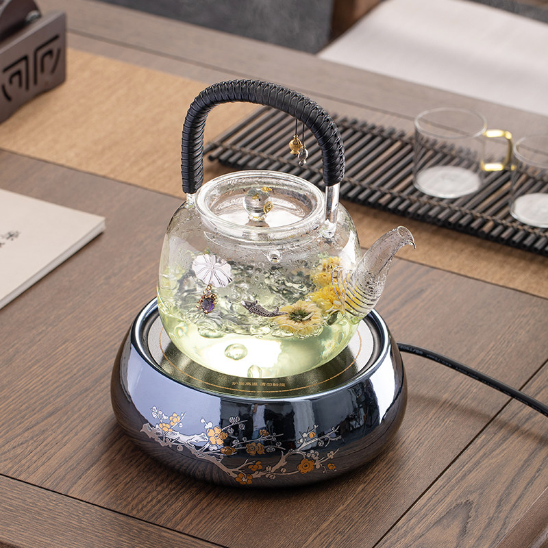 玻璃烧水壶固定手把耐高温镶银煮茶壶办公室电陶炉泡茶器家用套装
