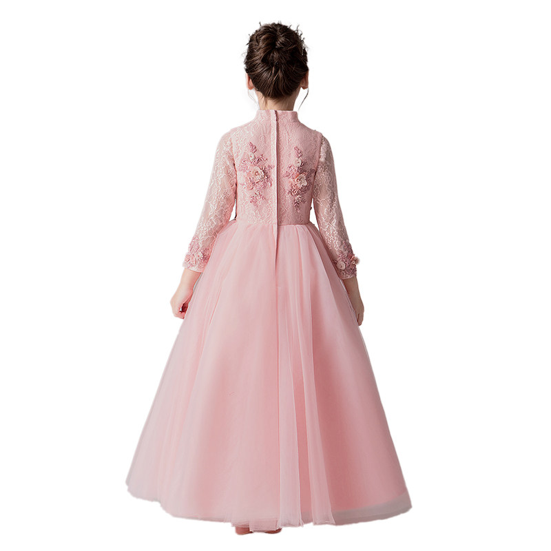 粉色花童礼服长袖公主裙女童蓬蓬纱生日婚纱主持人儿童钢琴演出服