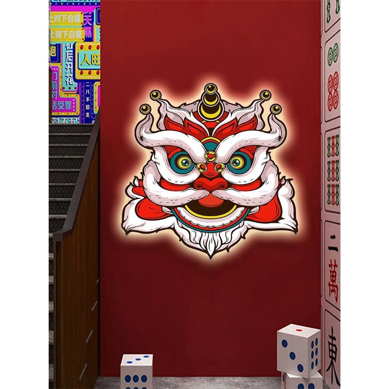 国潮风挂画醒狮装饰画LED发光灯画烧烤店墙面装饰创意背景墙壁画