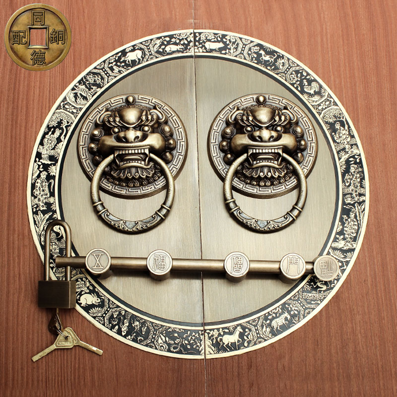 包邮纯铜仿古大门拉手圆形对开门明装古铜兽头门环装饰大门铜配件