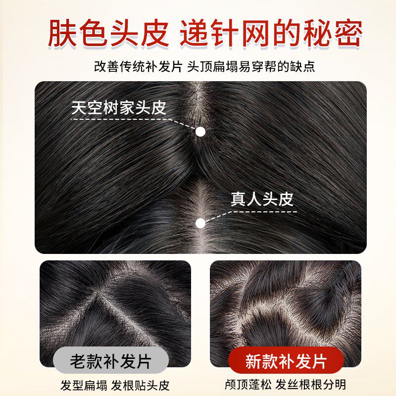 递针假发女片头顶真发增发量蓬松高颅顶遮白发刘海补发片发丝八字