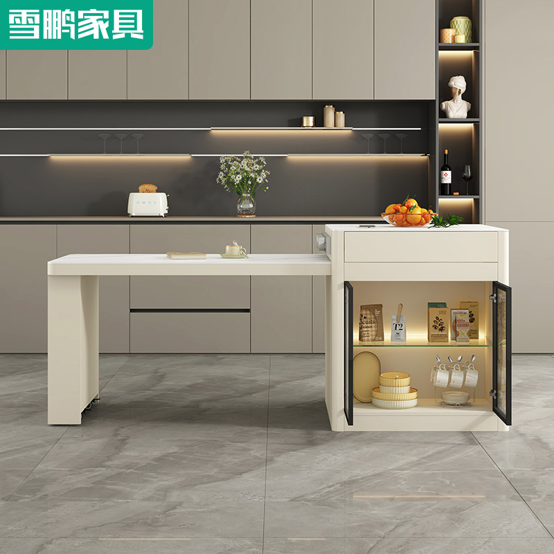 奶油风悬浮岛台餐桌一体可伸缩吧台厨房小户型定制岩板茶饭桌6E47