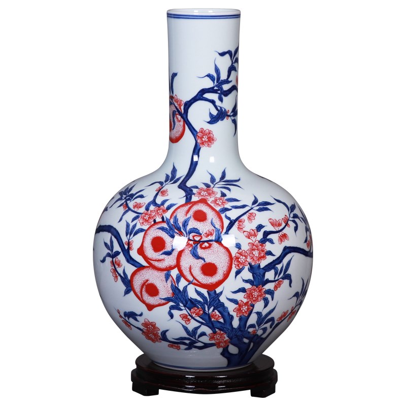 景德镇陶瓷器花瓶手绘青花瓷九桃天球瓶客厅博古架装饰品摆件大号