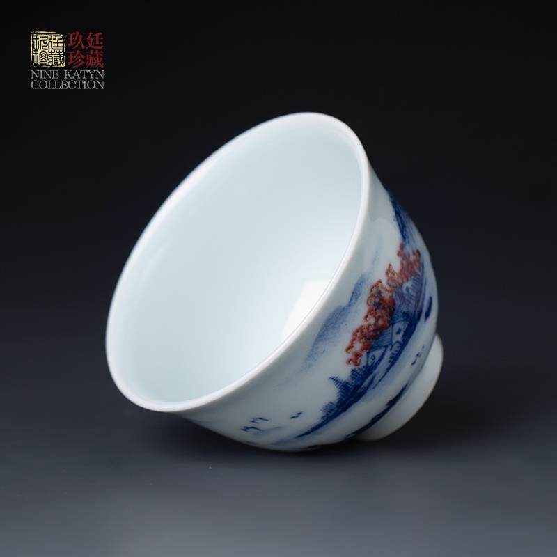 景德镇手工手绘青花釉里红山水盖碗茶杯功夫茶具套装中式复古单杯