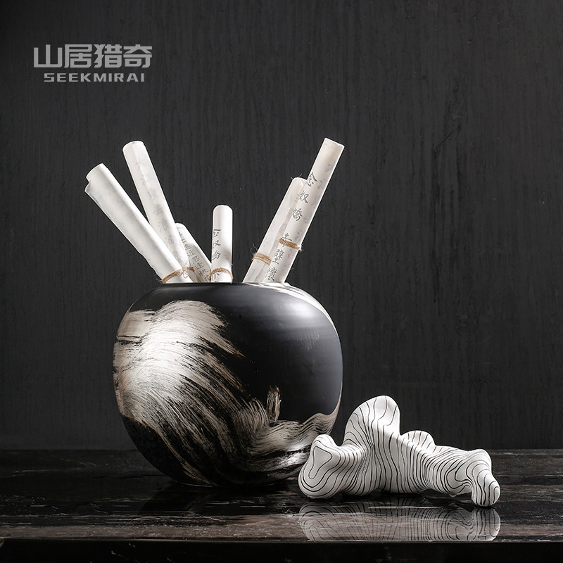 中式陶瓷花瓶陶罐花器卷轴书画收纳缸酒店样板间书房家居装饰摆件