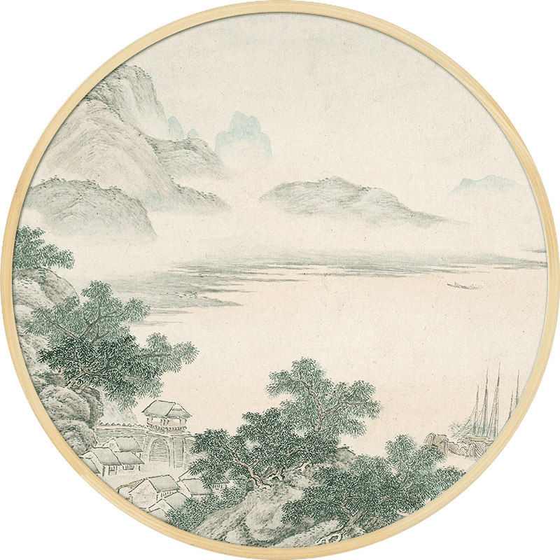 圆形山水挂画电表箱装饰画遮挡客厅玄关古风背景墙国画新中式壁画