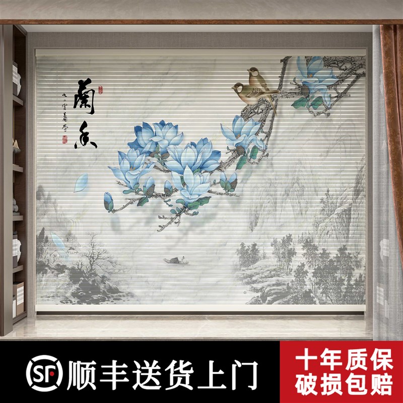 复古中式花鸟装饰百叶窗帘免打孔安装客厅卧室卷拉式遮光卷帘定制