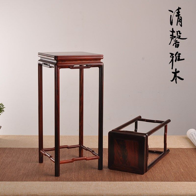 酸枝紫光檀木中式微型盆景花瓶古玩玉石小方几茶壶摆件底座实木托