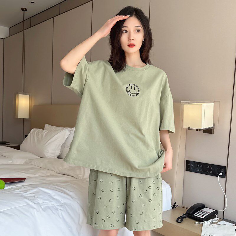 200斤夏短袖短裤纯棉笑脸加肥薄款大码睡衣女胖MM宽松居家服套装
