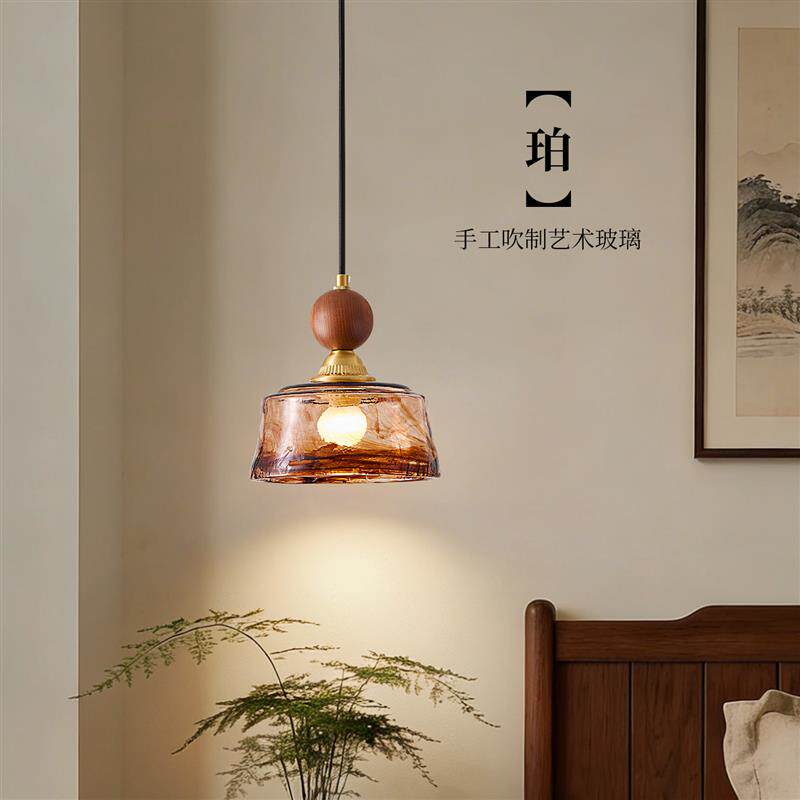2026新款中古卧室床头小吊灯新中式黄铜玻璃长线饭厅吧台单头吊灯