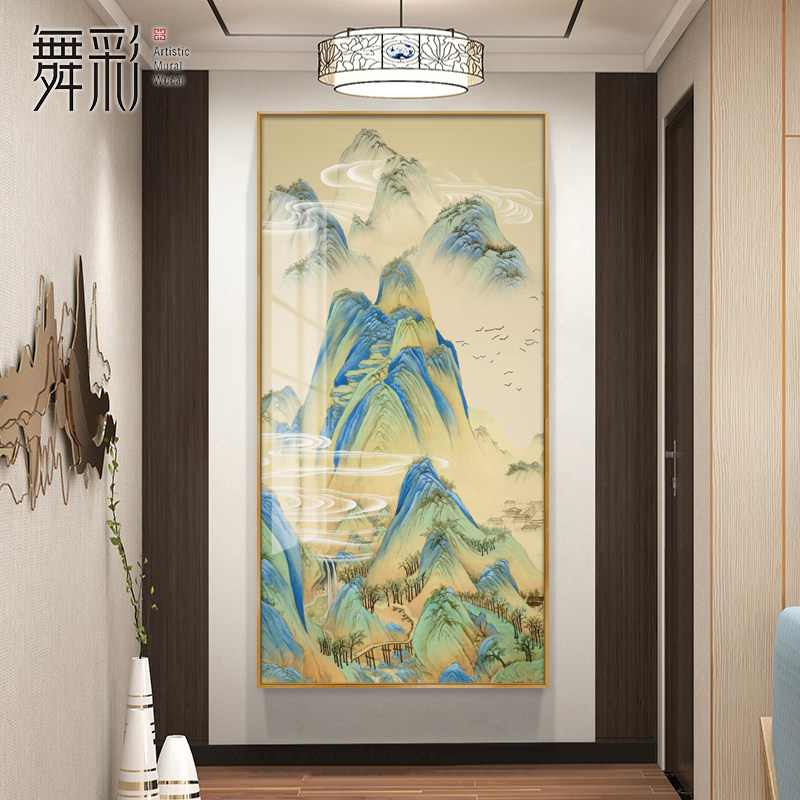 新中式入户玄关挂画千里江山图山水画古风国画竖版客厅过道装饰画