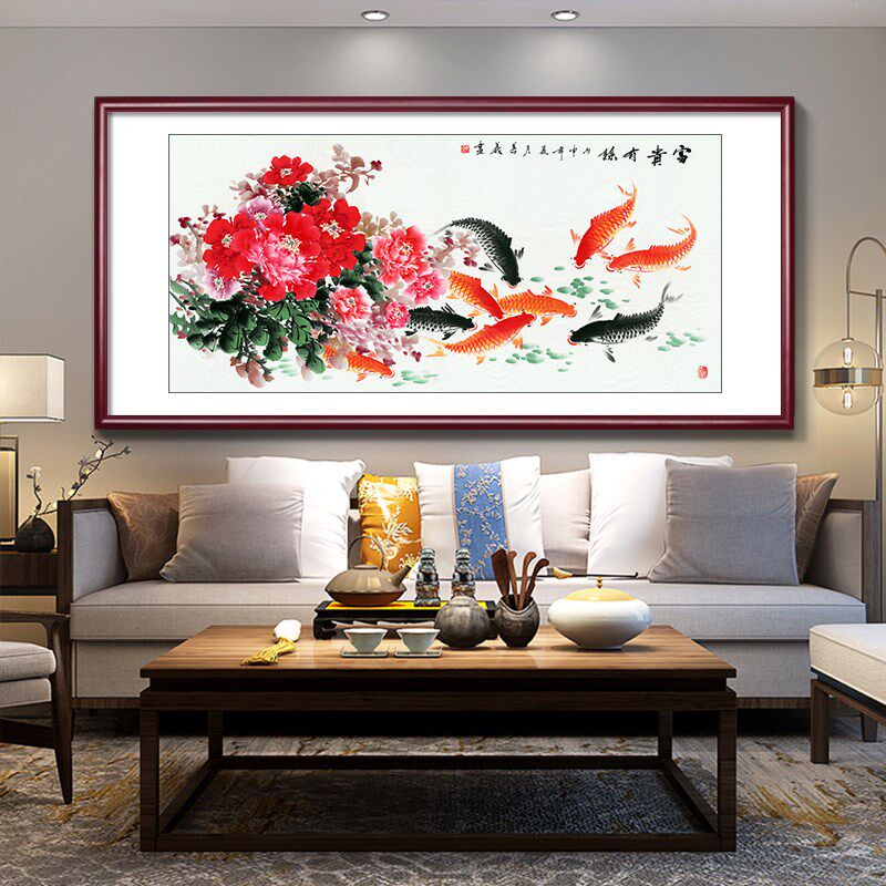 年年有余客厅装饰画九鱼图挂画新中式餐厅壁画水墨荷花鲤鱼图国画
