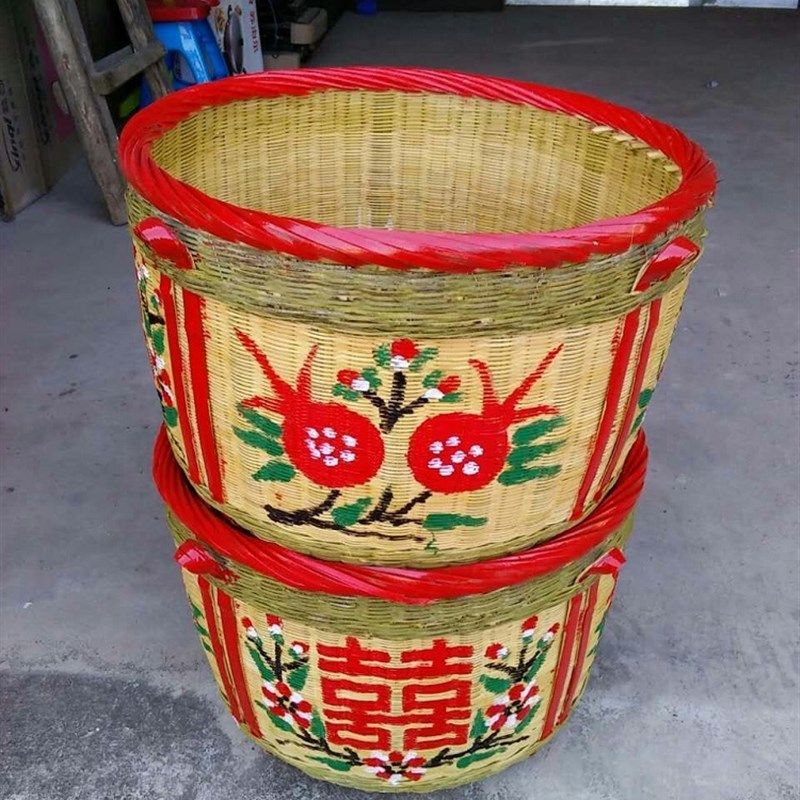 竹箩筐大号结婚嫁妆订婚满月搬家喜庆簸箕竹编制品纯手工竹编箩筐