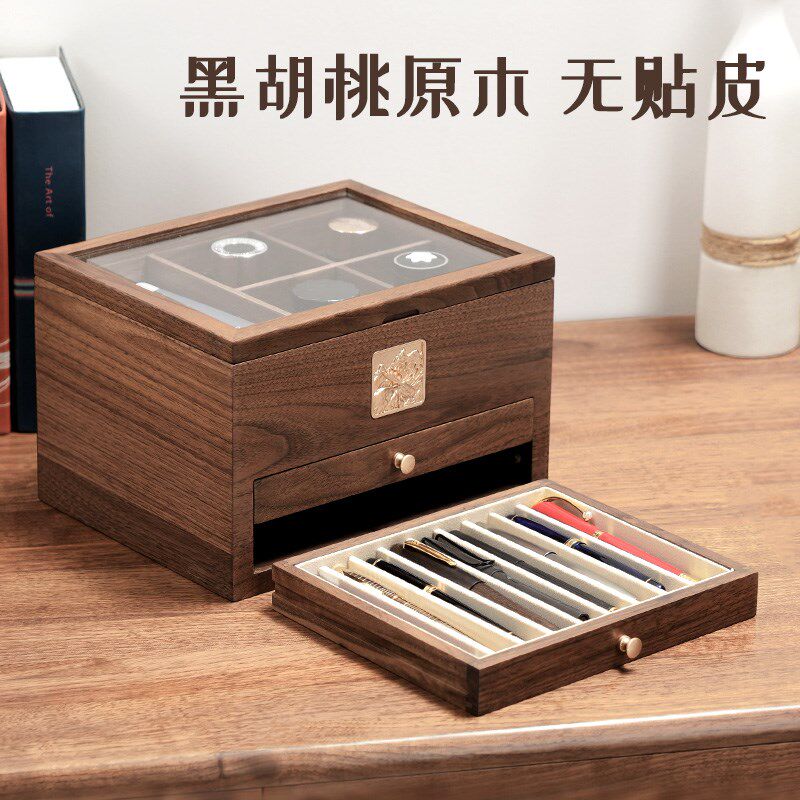 金豪实木钢笔笔收纳盒签字笔名笔大容量抽屉桌面收藏高档北美胡桃