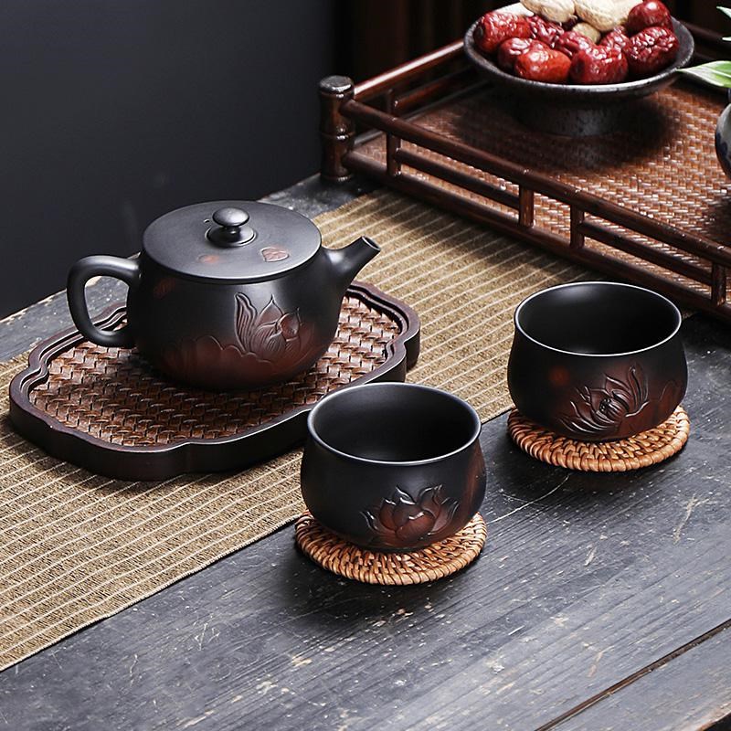 云南紫陶汉瓦茶壶紫砂手工浮雕泡茶壶家用单壶茶具紫砂壶高端茶器