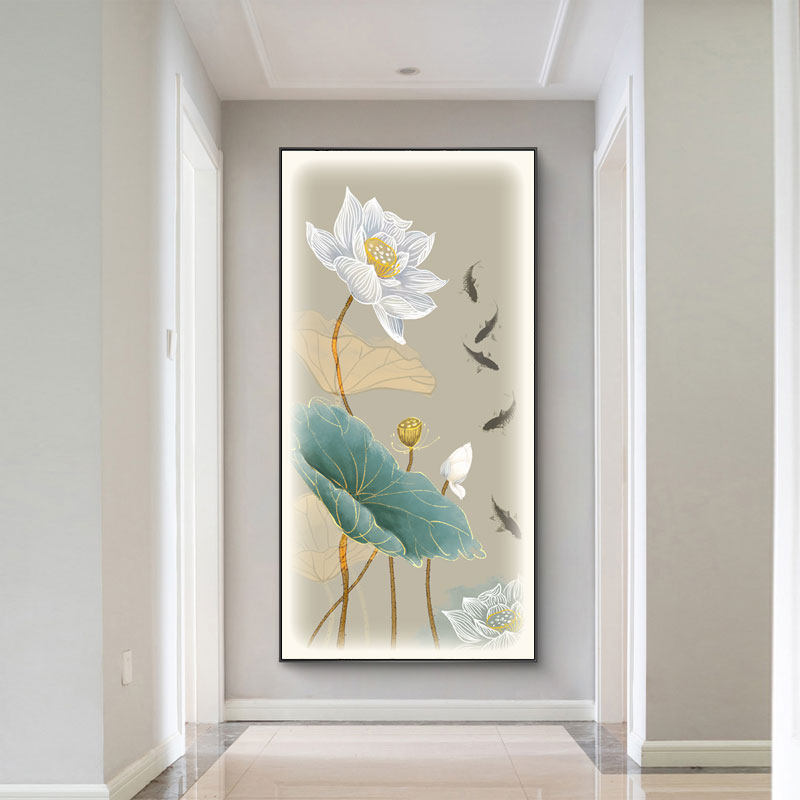 入户玄关带灯晶瓷挂画走廊过道LED发光荷花高档装饰画竖版新中式