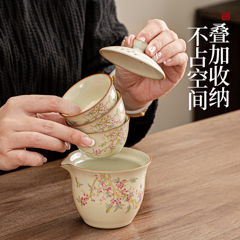 黄汝窑桃花旅行茶具套装便携式一人饮泡茶盖碗杯户外旅游喝茶器具