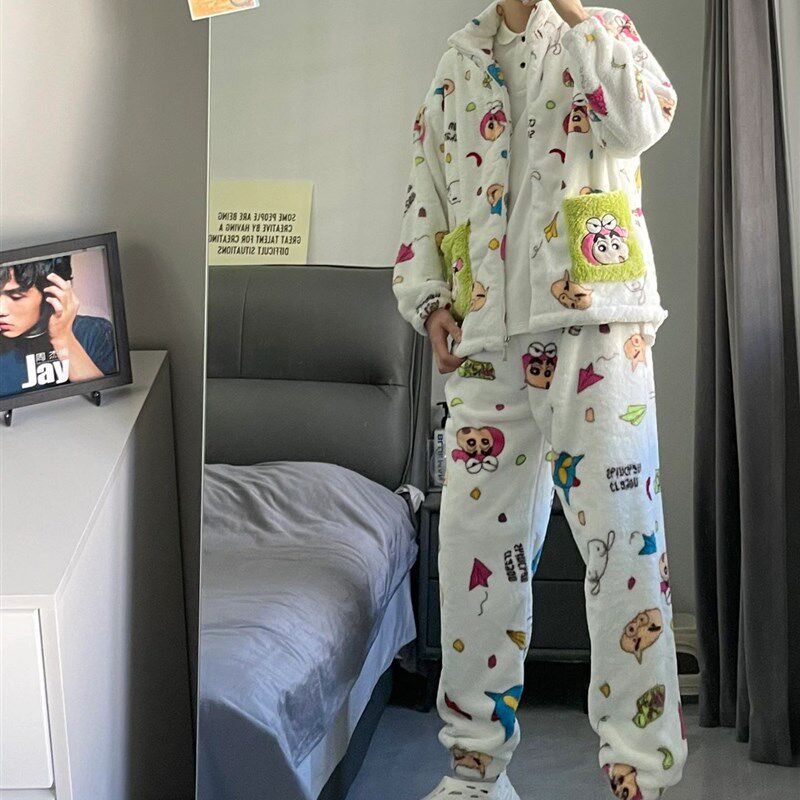 可爱卡通蜡笔小新珊瑚绒睡衣男士冬季新款加绒加厚情侣家居服套装