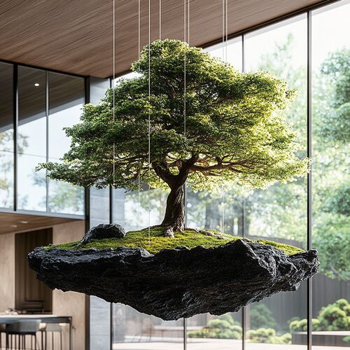 仿真绿植假山石悬浮岛室内商业大型悬挂垂吊苔藓植物装饰景观造景