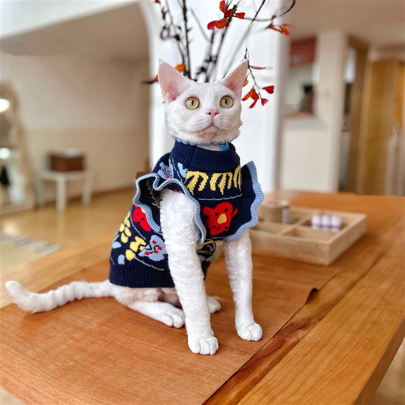 YH 艺术气息复古花花 背心毛衣德文猫无毛猫衣服冬天保暖加厚