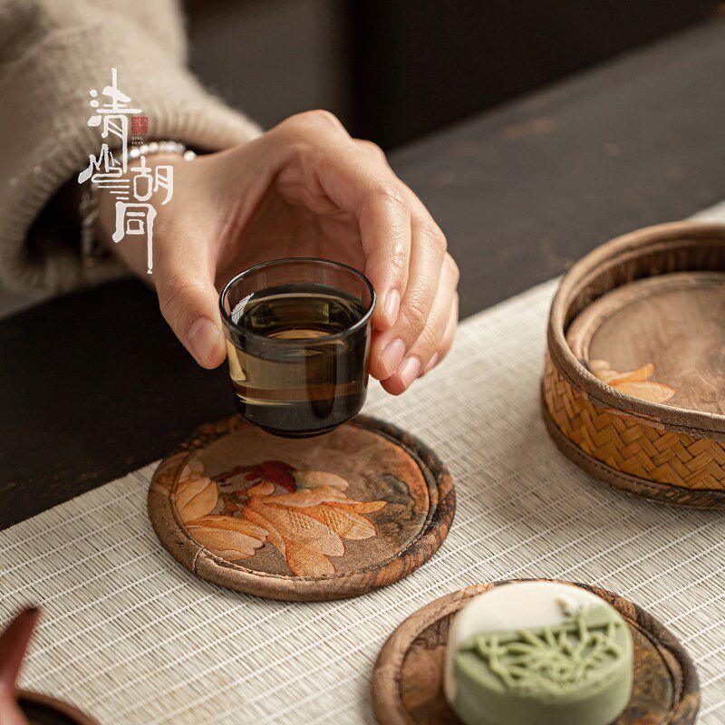 清山胡同手工竹编缎面茶杯垫家用复古中式防烫隔热垫杯托茶具配件