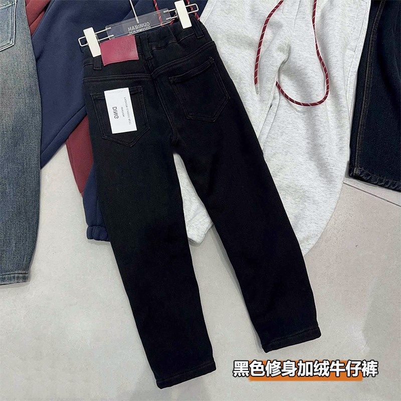 女童加绒裤子24秋冬款长裤中大童黑色修身一体绒牛仔裤儿童小脚裤