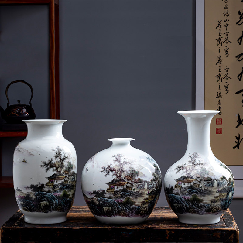 景德镇陶瓷器粉彩山水画花瓶摆件赏瓶瓷瓶子中式客厅办公室装饰品