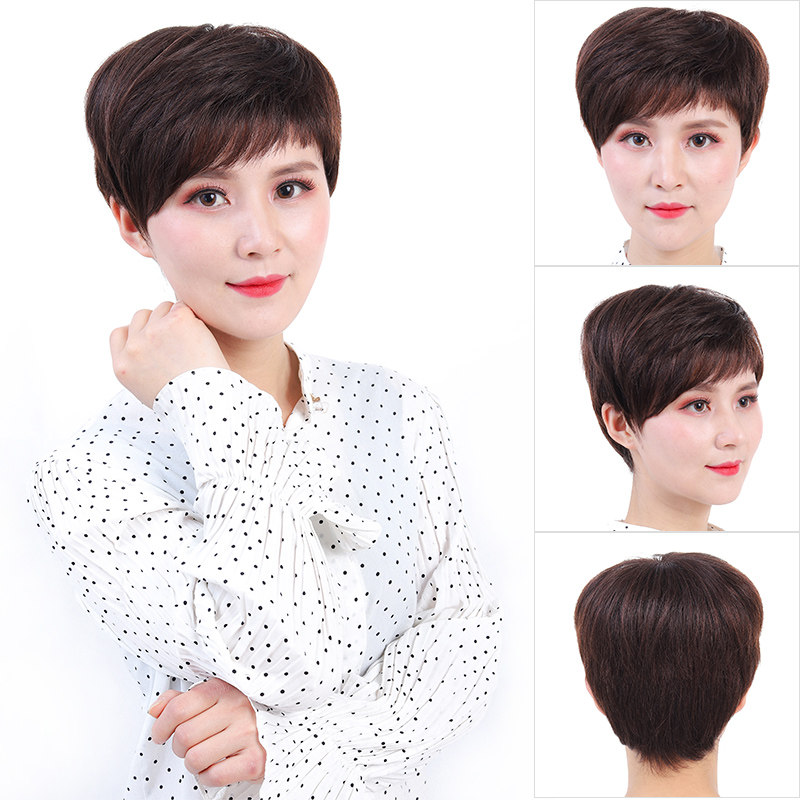 中老年假发女短发真发套女士短卷发全头套式轻薄自然透气真人发丝