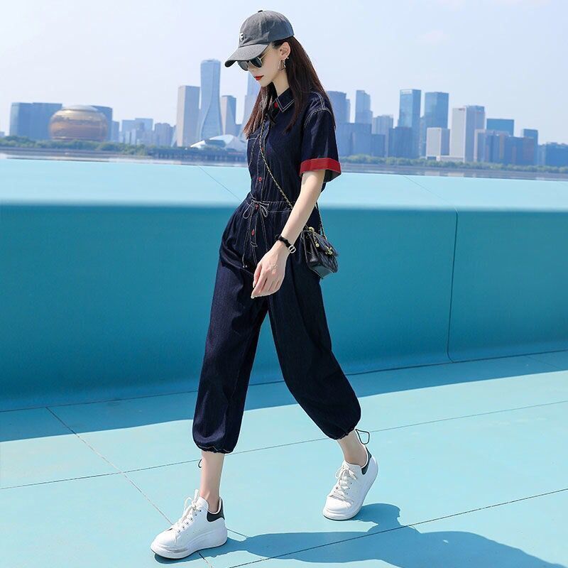 牛仔工装连体裤衣服女套装夏季薄款高级感小个子宽松显瘦一整套潮