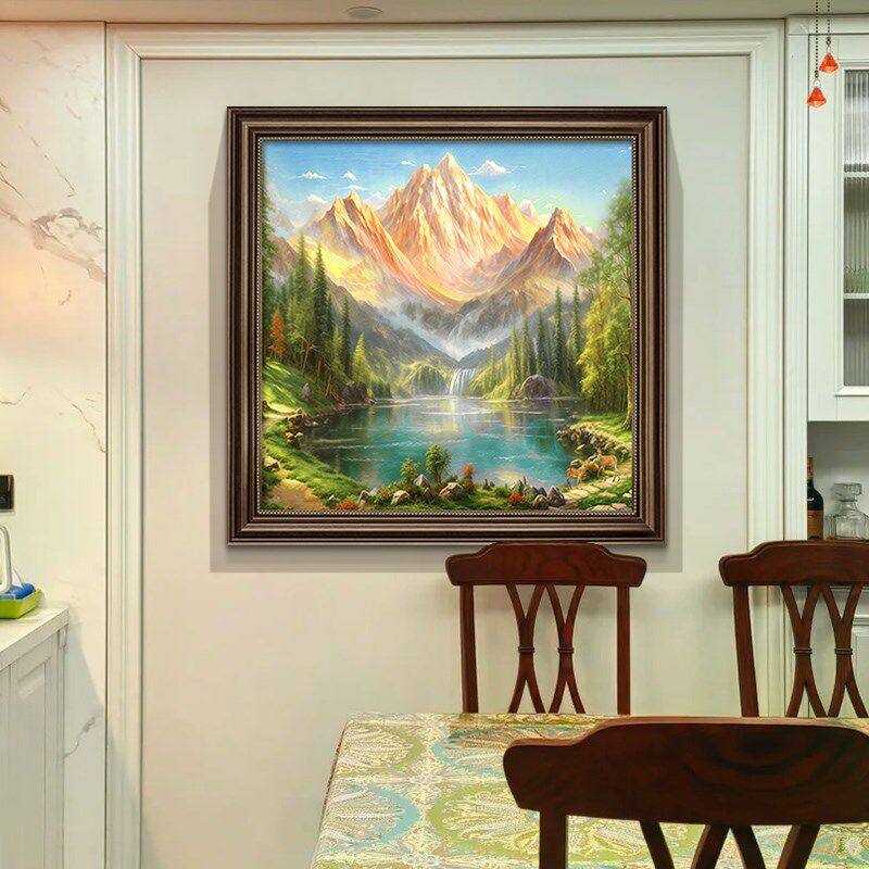 聚宝盆美式玄关装饰画山水风景客厅沙发背景墙挂画餐厅高级感壁画