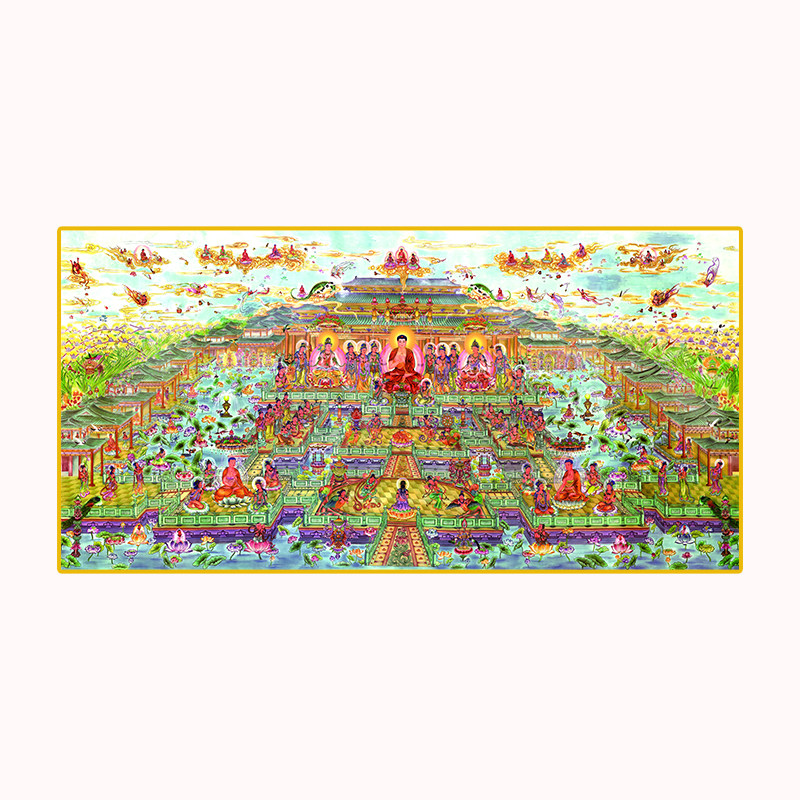 西方极乐世界全景图装饰画接引图西方如来佛三圣佛像画教晶瓷挂画